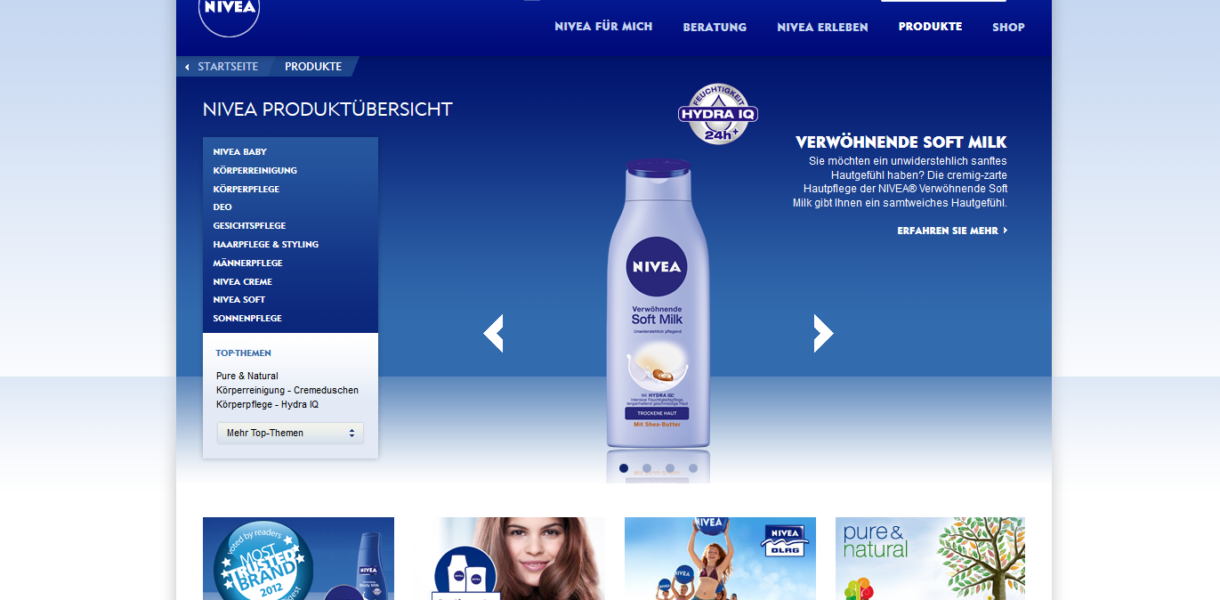 Website Nivea.de mit dem neuen Produktdesign