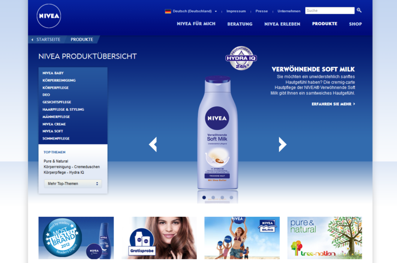 Website Nivea.de mit dem neuen Produktdesign